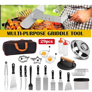 JP 29Pcs/Paket lengkap Wajan datar Roti Bakar Kebab Burger BBQ untuk kompor panggangan roti bakar isi burger press Stainless , spatula turner -bengkok - Scrapper - Martabak -roti bakar - Kapi - Stainless/ wajan