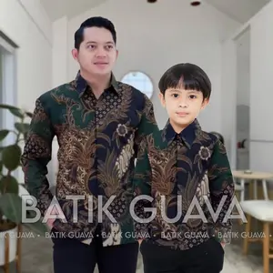 Kemeja Batik Couple Ayah dan Anak Laki-laki - Batik Guava - Motif Mahesa Hijau / Hijau botol / Hijau Gelap