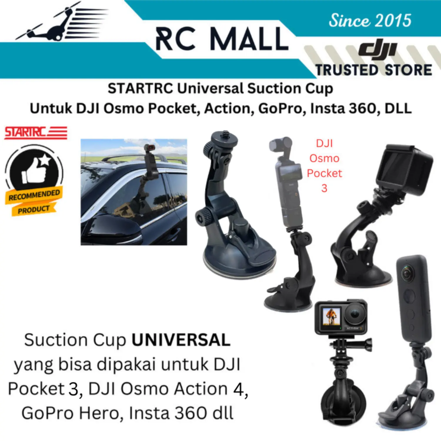 Suction Cup Car Holder Mount DJI Osmo Pocket 3 Gimbal Camera Action Cam DJI Osmo Action 5 Pro GoPro Insta 360 Bracket Tempelan Holder Mounting Kaca Mobil Universal Suction Cup Vacuum Chuck