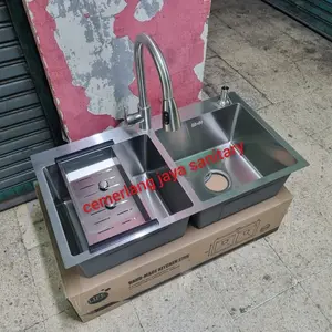 Kitchen Sink HAND-MADE 8245 Stainless SUS 304 Bak Cuci Piring 2 Lubang Kotak Minimalis Paket Lengkap KRAN TARIK
