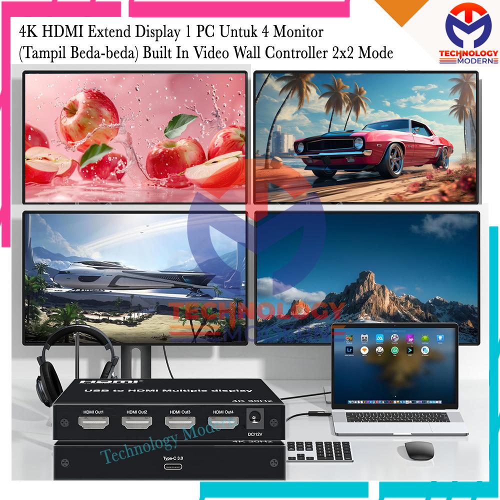 4K HDMI Extend 4 Monitor Display (Tampil Beda-Beda) USB 3.0 Multiview - Extend Only