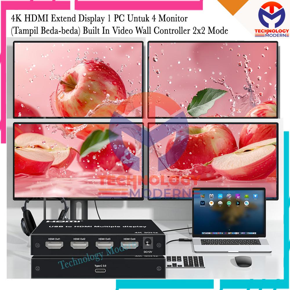 4K HDMI Extend Display 1 PC Untuk 4 Monitor (Tampil Beda-beda) Built In Fitur Video Wall Controller 2x2 (Jadi 1 Gambar Besar)