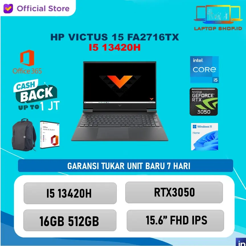 LAPTOP HP VICTUS 15 I5 13420H RTX3050 6GB RAM 16GB SSD 512GB WINDOWS 11+OHS+0365 15.6FHD IPS 144HZ BLIT 2Y+ADP-FA2716TX GAMING