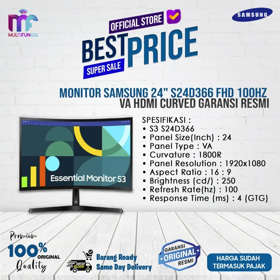 Monitor Samsung 24" S24D366 FHD 100Hz VA HDMI 4ms Curved Garansi Resmi