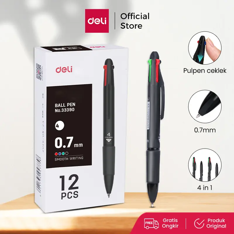 Deli pulpen cetek warna-warni empat warna 0.7mm pulpen pelajar 33390