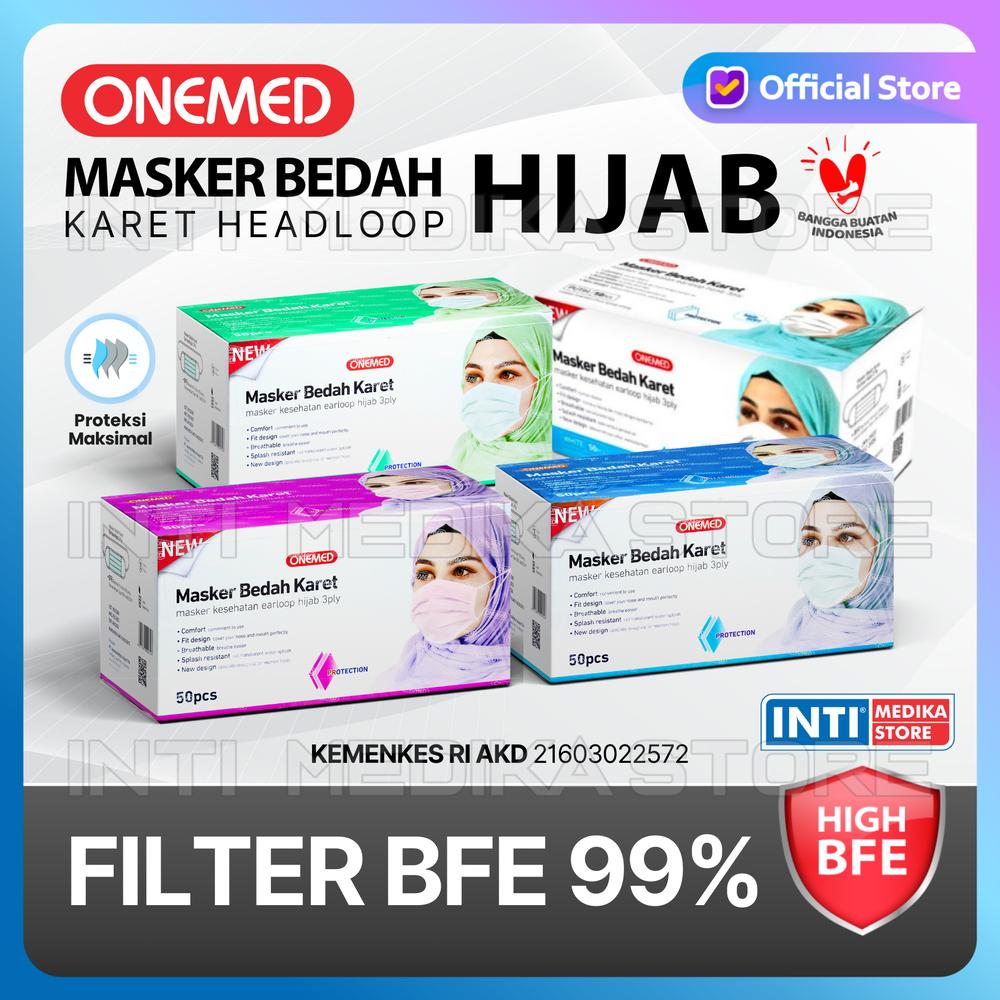 ONEMED - Masker Jilbab 3 Ply | Surgical Headloop Mask | Masker Hijab - Biru