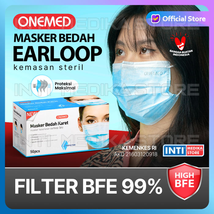Gambar ONEMED - Masker 3 Ply Earloop Medis One Med | Surgical Mask BIRU dari INTI MEDIKA STORE Kota Bandung Tokopedia