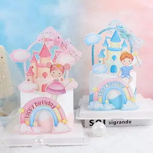 Topper Cake Anak Boy dan Girl Pelangi Kastil Ukuran Besar Bahan Karton Pink dan Biru