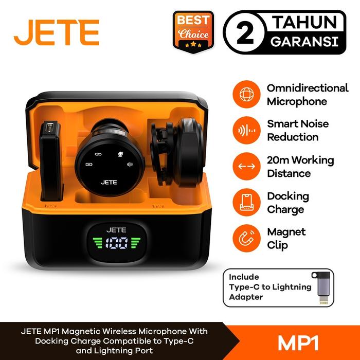 Gambar JETE Microphone Wireless MP1 Magnetic Type C with Adapter Lightning Mikrofon Mic Clip On Plug and Play with Charging Dock dari JETE Authorized Store Kota Administrasi Jakarta Pusat Tokopedia
