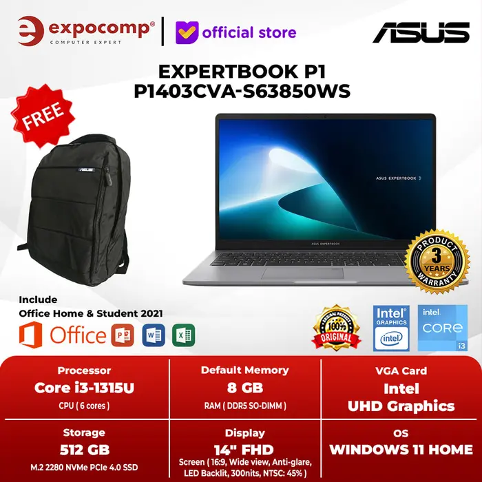 Gambar ASUS EXPERTBOOK P1 P1403CVA-S63850WS INTEL CORE i3-1315U 8GB 512GB WIN 11 + OHS 2O21 - NON BUNDLE, TETAP 8GB dari Expocomp Kota Surabaya 4 Tokopedia