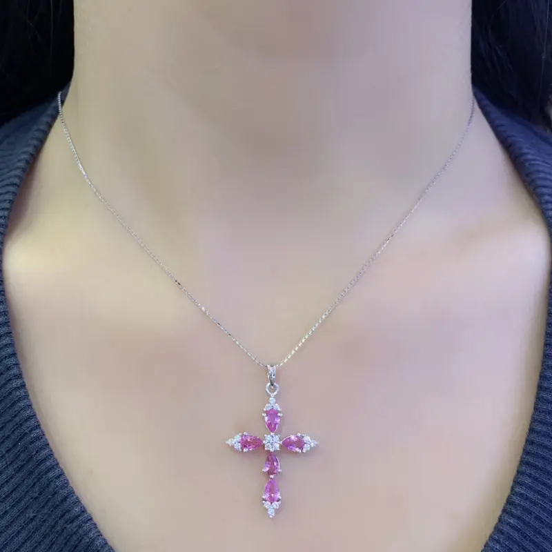 Liontin Berlian Salib Batu Pink Sapphire KPD1043747-Kimberly Jewellery 1