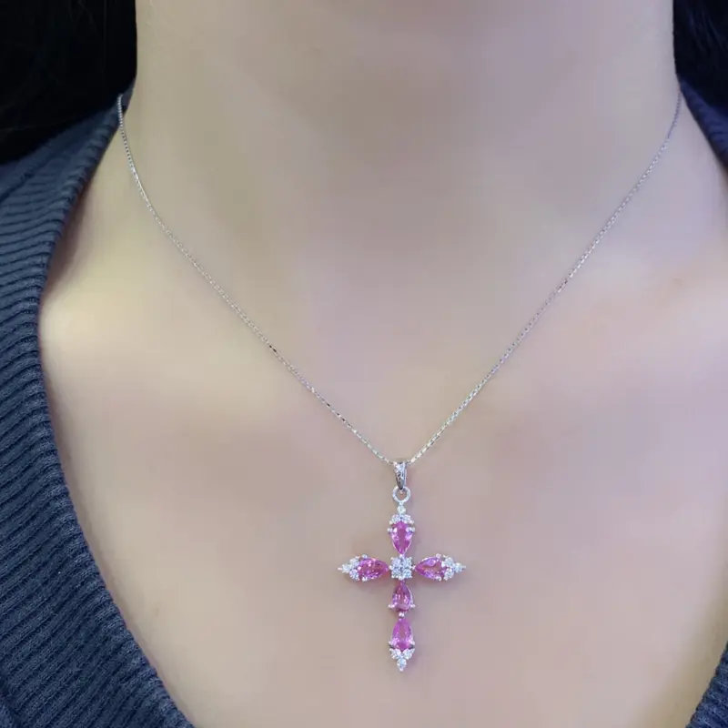Liontin Berlian Salib Batu Pink Sapphire KPD1043747-Kimberly Jewellery 2