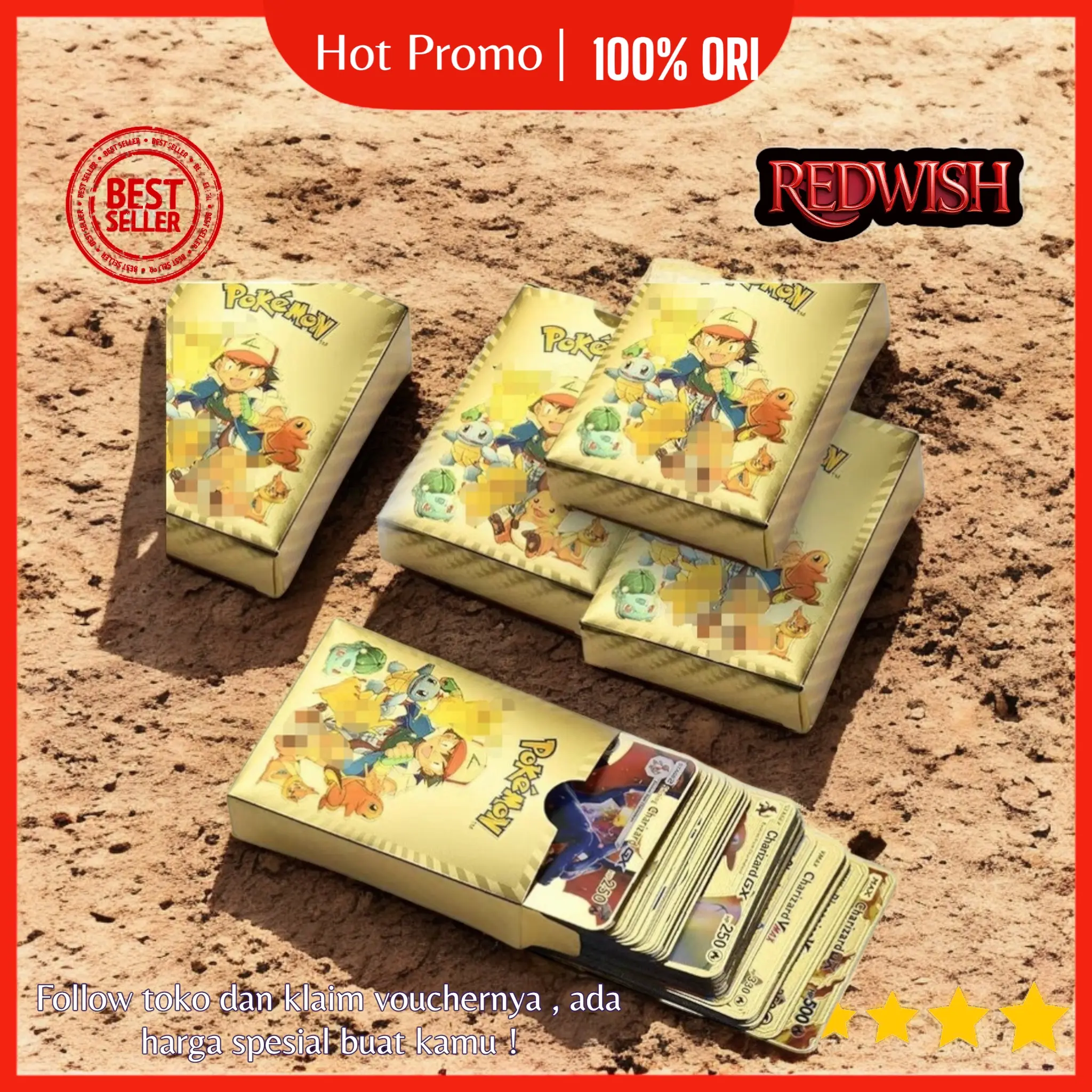kartu anime pokemon emas gold bahan metal bahasa inggris 10 lembar