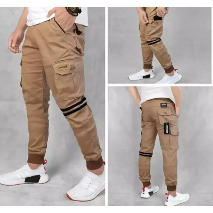 Celana Rip Cargo Pdl Panjang Pria Cowok Lelaki Dewasa Katun Stretch 2022 Pinggang Karet Bawah Melar Joger Tali Kolor Gunung Tactical Santai Hitam Item Black Cokelat Krem Mocca Moka Abu 2