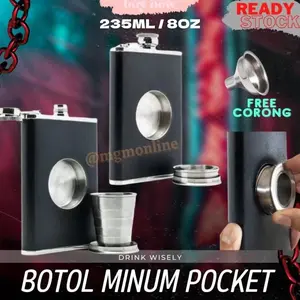 ! BOTOL POCKET STAINLESS DENGAN GLASS 235ML HIP FLASK 8OZ LIQUOR MINUMAN -
