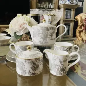Tea Pot Set Tea Cup Saucer Plate Royal Crown Derby England Crushed Velvet Grey Mewah Cantik