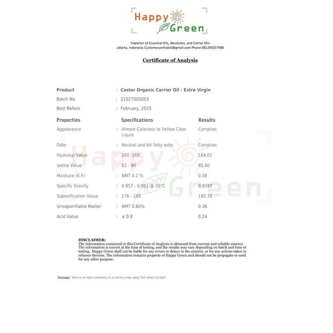 HAPPY GREEN ORGANIC Castor Oil (30 ml) - Minyak Jarak ORGANIK Murni - 30 ml