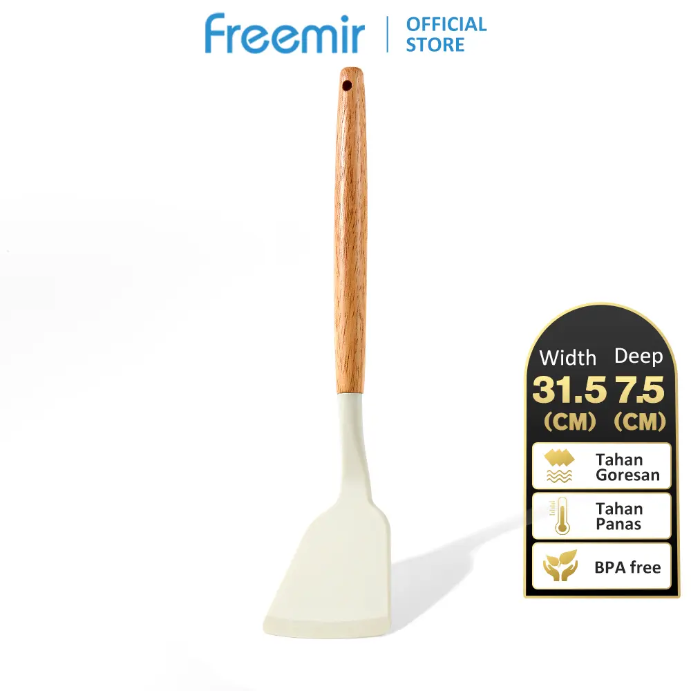 freemir Spatula Silikon Beige Anti Leleh Tahan Suhu Panas Sutil Kayu Anti-Selip Kitchenware Multifungsi
