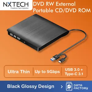DVD RW Burner External Optical Drive CD/DVD ROM USB 3.0 + USB Type C 3.1 Optical Driver Player Reader Writer Burner Portable Black CD DVD - NXTECH