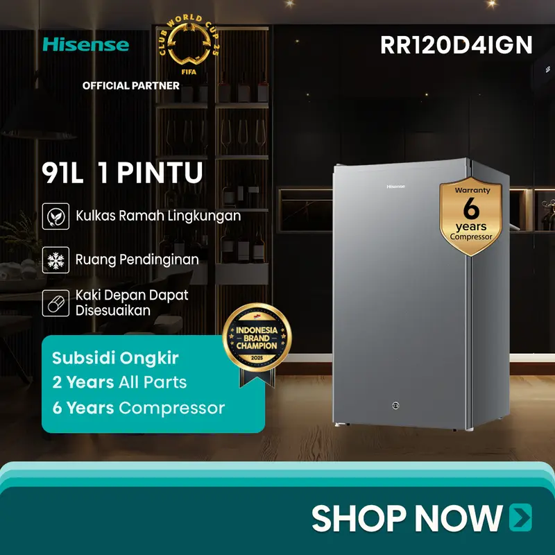 HISENSE-RR120D4IGN-Kulkas Kapasitas 91L-1 Pintu-Ramah Lingkungan-Ruang Pendinginan-Kaki Depan Dapat Disesuaikan-Compact Size-Seperate Chiller-2Liter Rak Muat Botol Ukuran 6