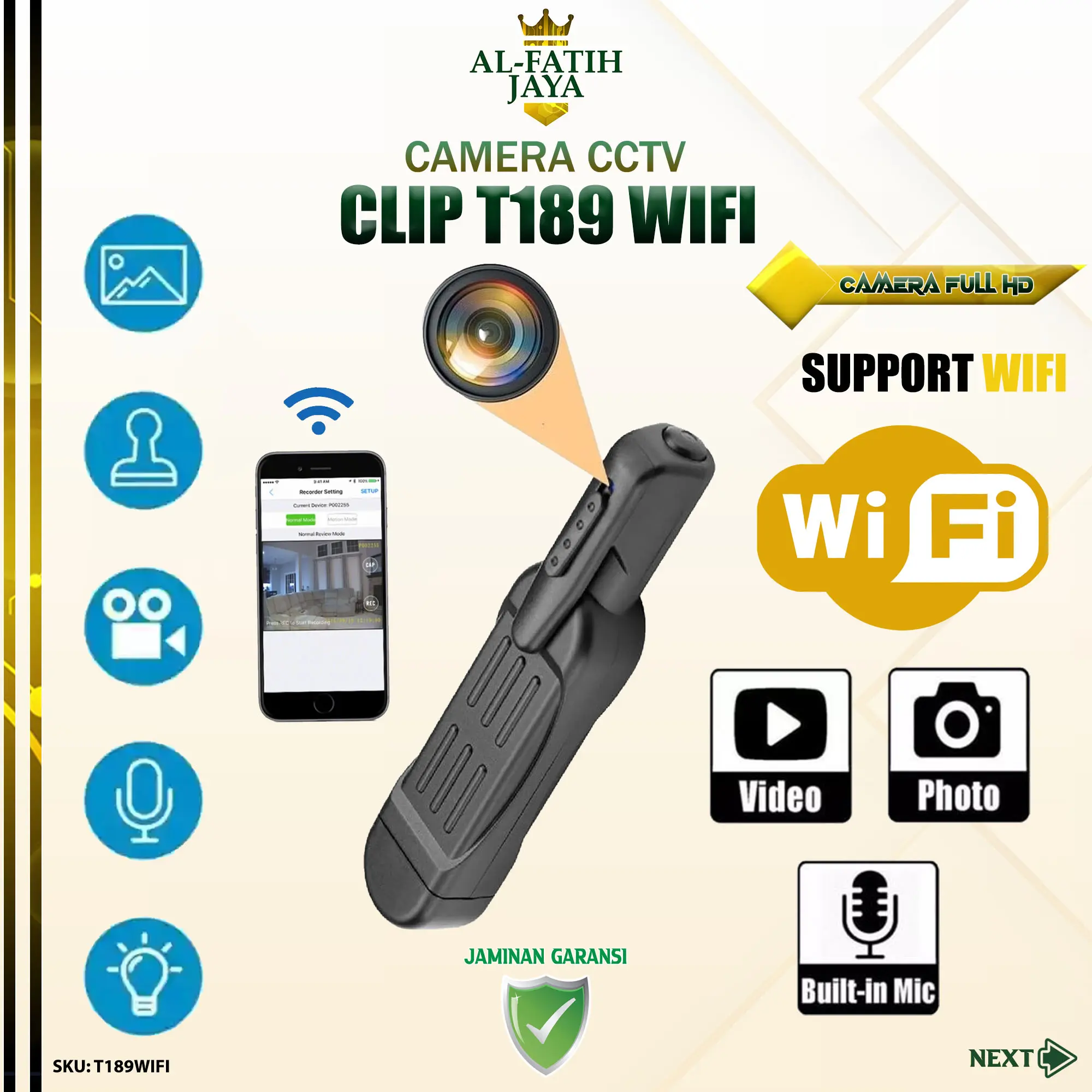 ALFATIHJAYA Kamera Aksi T189 WiFi Action Camera Sportcam HD 1080P Kamera Klip Wireless APP Monitoring  Jarak Jauh T189WIFI