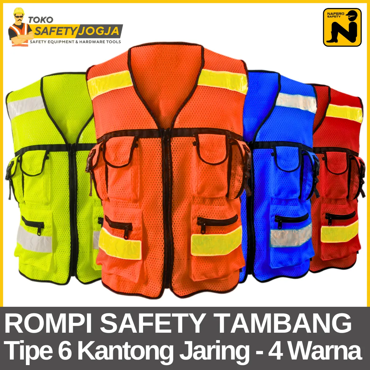 Rompi Jaring Safety 6 Kantong cocok untuk Proyek - Industrial Safety Vest Polyester Zip/Resleting
