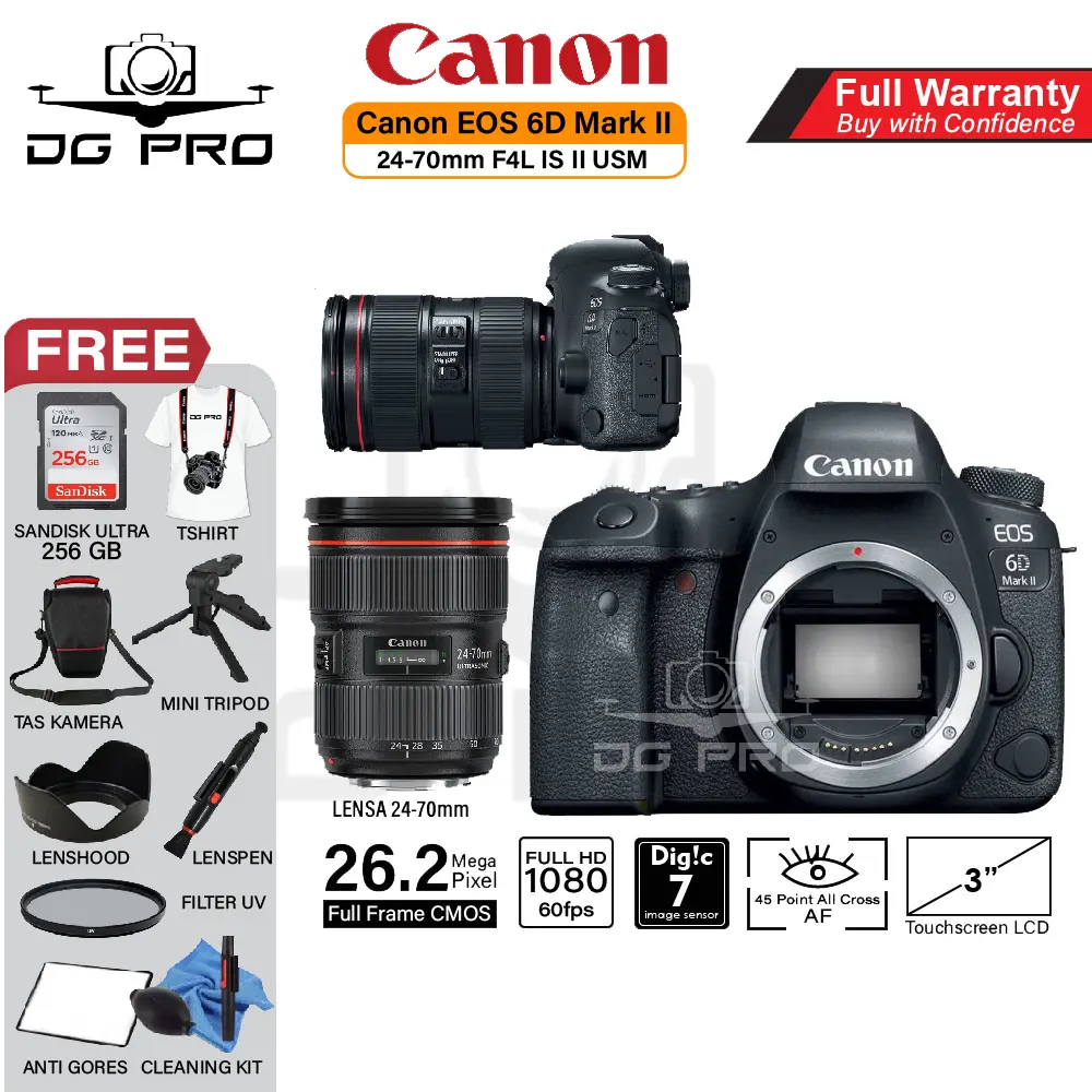 Canon EOS 6D Mark II Kit EF 24-105MM F4 L IS II USM / Canon 6DII EF 17-40MM F4L IS USM / Canon 6D Mark 2 EF 24-105MM F4L IS USM / 24-70MM II USM Original