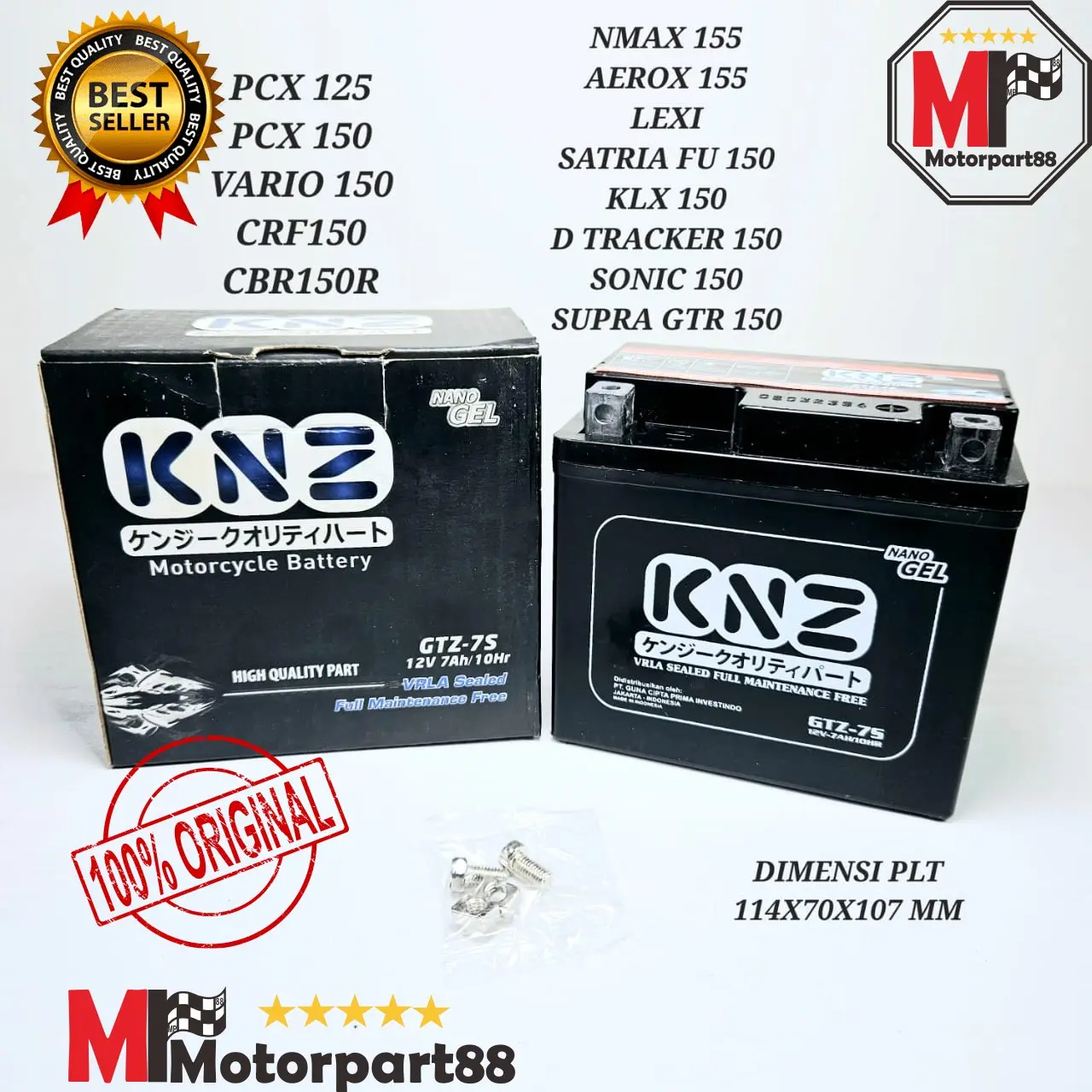 AKI KERING KNZ MOTOR GTZ-7S 12V 7AH/10HR SATRIA FU VARIO 150 PCX 150 NMAX SONIC 150 AEROX115 CBR150R GTR150 KLX150 CRF150