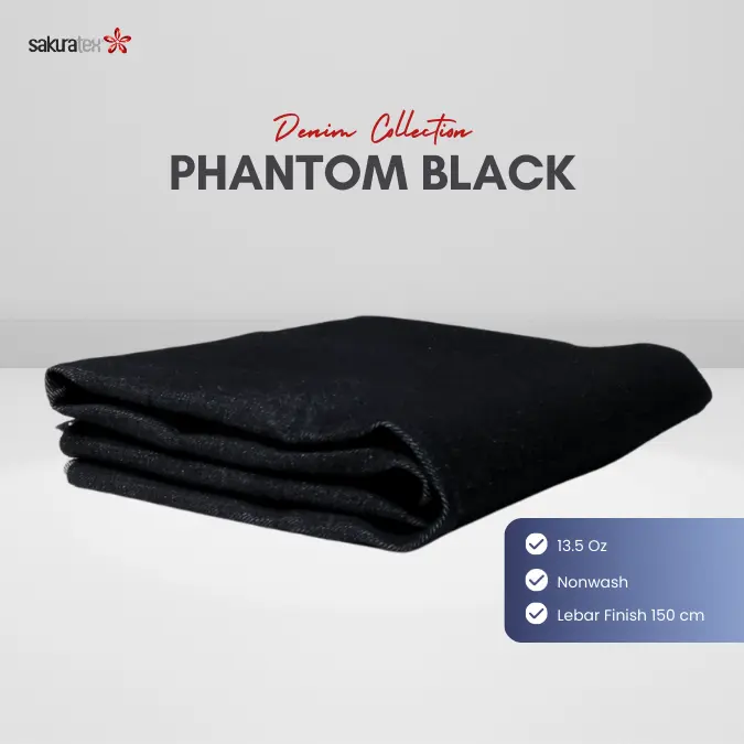 SAKURATEX | Phantom Black Kain Denim Bahan Kain Jeans Kualitas Premium Lembut Ecer berat 13.75 oz Kain Denim Rigid Denim Hitam