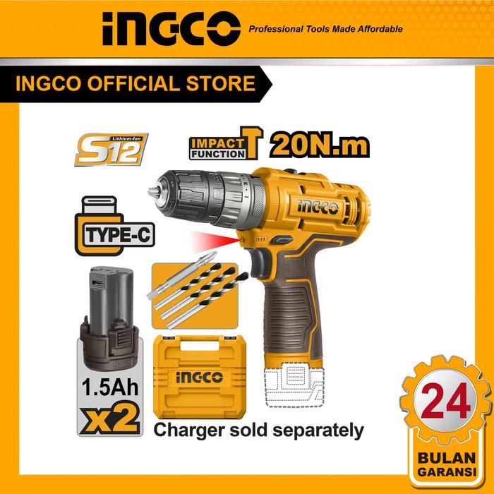 Gambar INGCO 12V Bor Impact Cordless 2 Kecepatan dengan 1 Pcs Bit Cr-V 65mm, 3 Pcs Mata Bor Masonry, dan 2 Pcs Paket Baterai 1.5Ah untuk Pengencangan dan Pengeboran - Model CIDLI12202 dari INGCO INDONESIA Kota Administrasi Jakarta Pusat Tokopedia