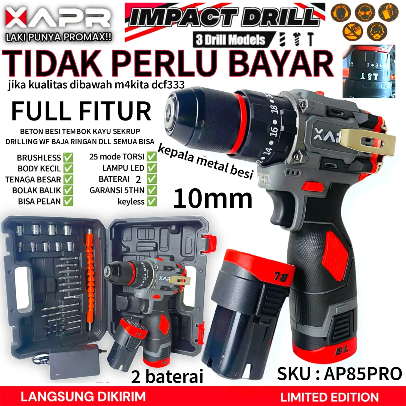 APR BOR IMPACT DRILL BRUSHLESS TYPE AP85 PRO 10MM KEYLESS AUTO LOCK 2BATERAI MESIN BOR BESI KAYU DRIVER SEKRUP DRILL