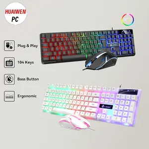 Huaiwen Kombo Keyboard dan Mouse Gaming dengan Lampu RGB Cahaya / Termasuk Mouse dan Keyboard - Keyboard Mekanikal untuk PC Desktop dan Laptop - Kabel USB / Keyboard Komputer Berkualitas Tinggi