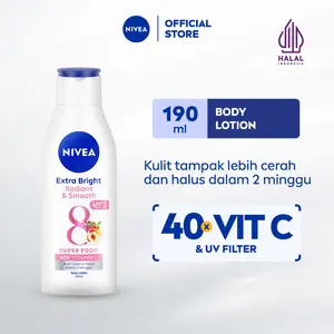 NIVEA Body Lotion Extra Bright Radiant & Smooth UV Filter 190ml - Hand body lotion moisturizer mencerahkan kulit kusam halus lembut badan glowing brightening tone up serum melembabkan kulit kering - 40x Vitamin C, UVA UVB Filter, 8 Super food