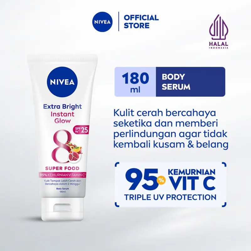 NIVEA Body Serum Extra Bright Instant Glow SPF 25 180ml - Handbody SPF lotion UV protection mencerahkan kulit kusam glowing brightening body care melembabkan kulit kering - UVA/UVB Filter, Vitamin C, Pearl Extract, tone up ringan, super food 0