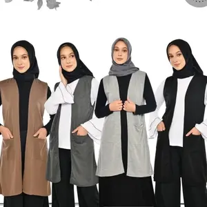 outer rompi saku depan tanpa lengan luaran muslim Atasan Wanita Crinkle