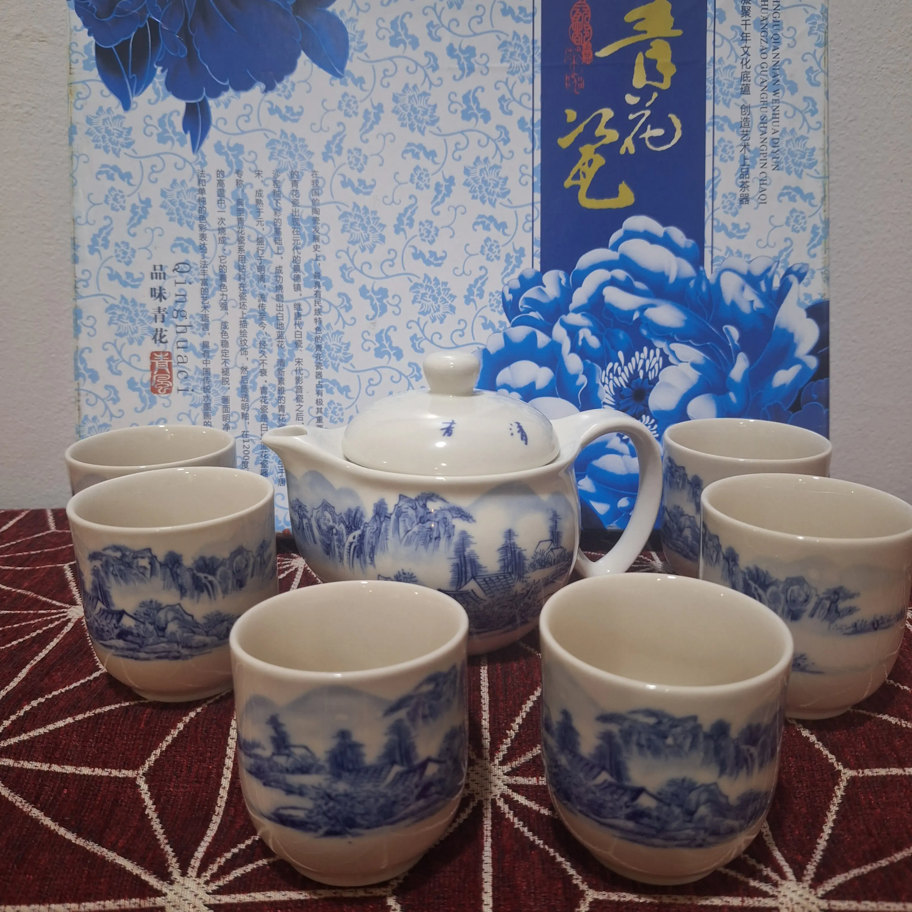 Chinese Tea Set Teapot Cup Teko plus 6 Cangkir Biru Keramik