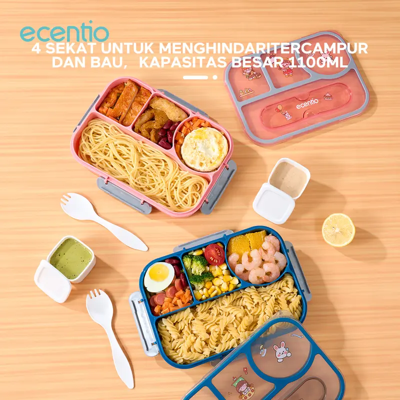 ecentio Kotak Makan 1100ml set sekat 4 sticker Lunch box BPA FREE 4