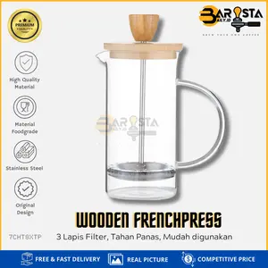French Press 350ml Kayu | Wooden French Press Coffee Maker | Alat Kopi Penyeduh Kopi Teh Herbal Jahe Secang | Gelas Infuser Saringan Kopi Teh Stainless Steel Filter Kaca Borosilikat Tahan Suhu Ekstrem Premium Quality | baristadailyID