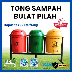 Tong Sampah Bulat Outdoor Luar Kapasitas 50 Liter Fiberglass Tiang Gantung Pilah Organik Nonorganik | Tong Sampah Taman - Lapangan - Trotoar - Tempat Umum