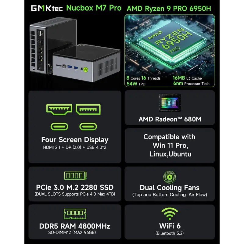 Mini PC Gaming AMD Ryzen 7 6850H GMKTEC M7 16GB DDR5 512GB SSD NVMe - Windows 11 Pro Ori 1