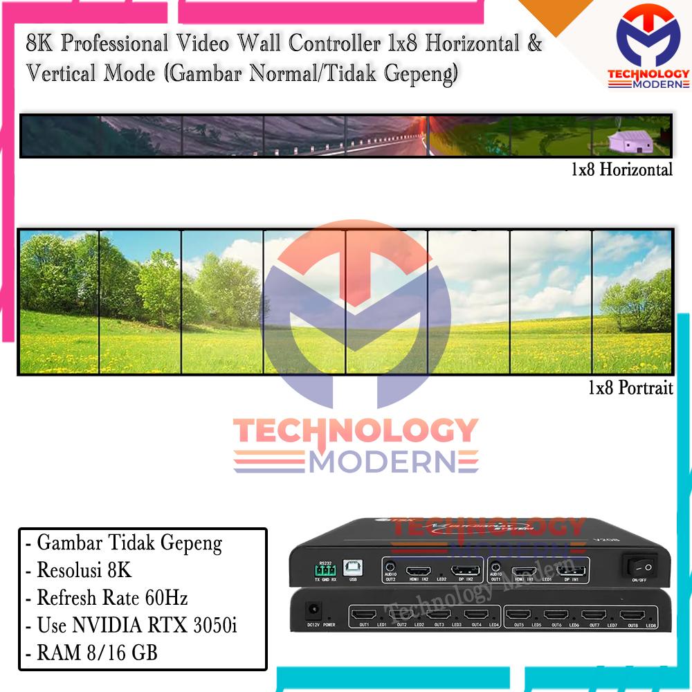 8K HDMI Professional Video Wall Controller 1x8 Horizontal & Vertical Mode (Gambar Normal/Tidak Gepeng) Menggunakan VGA Card