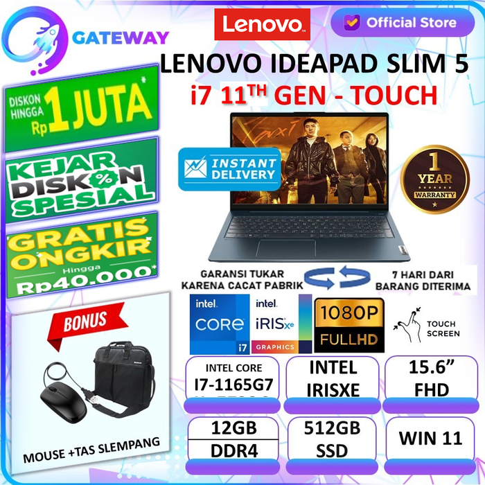 Gambar LENOVO IDEAPAD SLIM 5 15 TOUCH i7 1165G7 12GB 512SSD W11 15.6FHD dari Gateway Indonesia Comp Kota Administrasi Jakarta Utara Tokopedia