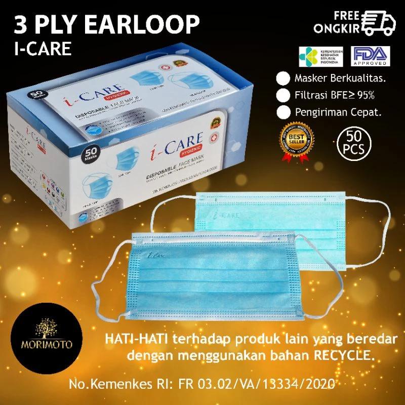 MASKER 3PLY I-CARE EARLOOP isi 50pcs - OC BIRU EMBOSS
