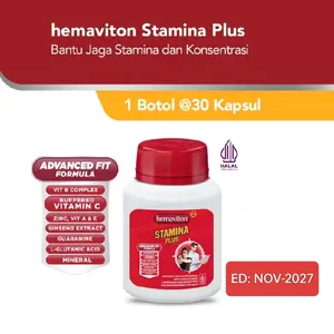 Hemaviton Stamina Plus Kemasan Botol isi 30 Tablet Multivitamin dan mineral yang diperkaya dengan Ginseng, Guaranine dan L-Glutamic Acid membantu menjaga stamina bagus dan pikiran fokus