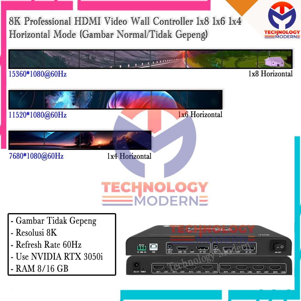8K HDMI Professional Video Wall Controller 1x8 1x6 1x4 Horizontal Mode (Gambar Normal/Tidak Gepeng)
