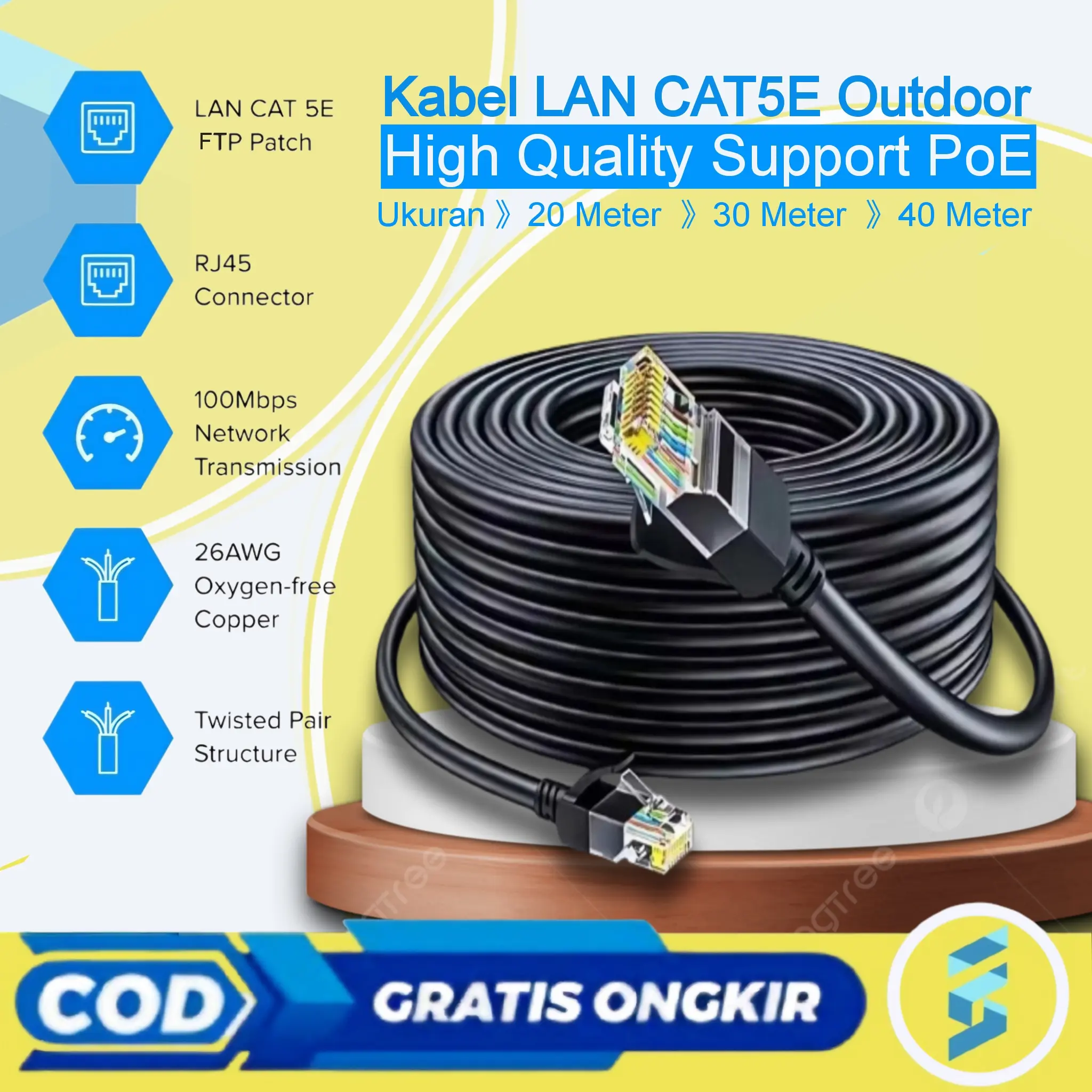 Kabel LAN Outdoor CAT5E SPECTRA FTP Support POE High Quality Panjang 20/30/40 Meter