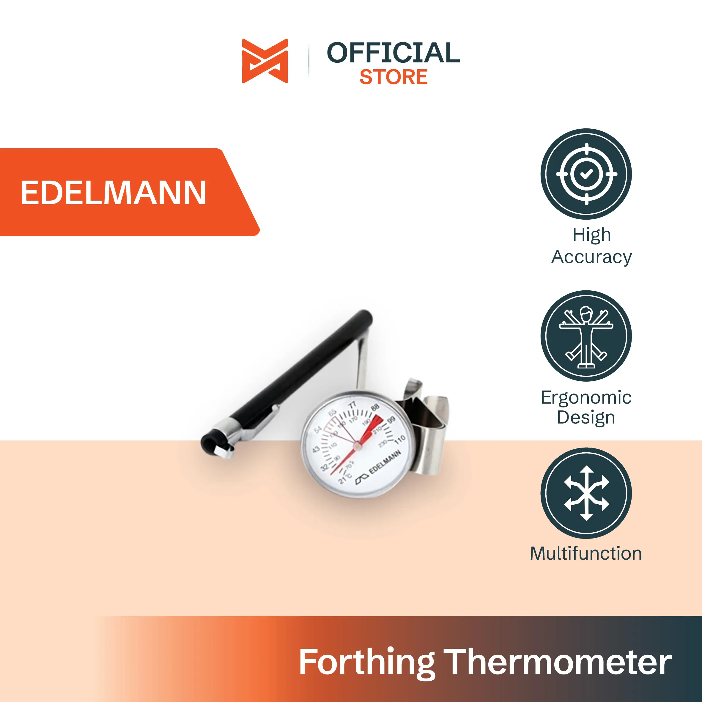 Edelmann - Frothing Thermometer Stainless Steel – Termometer Susu & Kopi Barista dengan Klip Pitcher