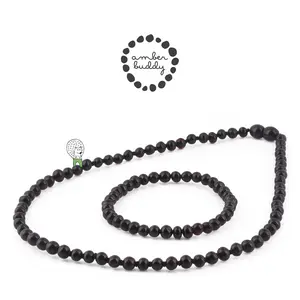 Amber Buddy | XB54B Kalung & Gelang Amber Dewasa Black Glossy - 42cm & 18cm