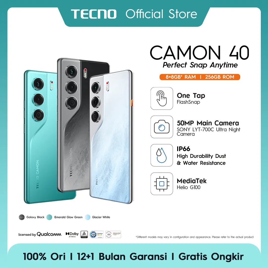[FlashSnap] TECNO CAMON 40 - 8+8GB*/256GB, 50MP Sony + 8MP Ultra Wide Camera, 32MP Front Camera, 120Hz AMOLED, IP66, 5200mAh+45W, Garansi 12+1 Bulan