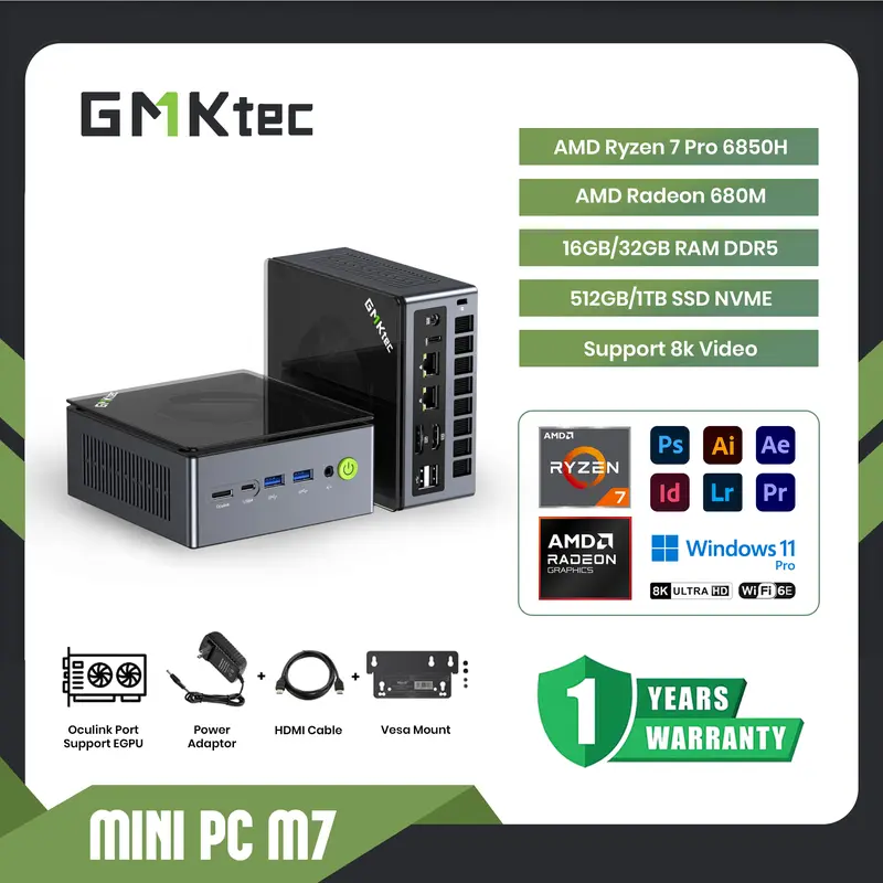 Mini PC Gaming AMD Ryzen 7 6850H GMKTEC M7 16GB DDR5 512GB SSD NVMe - Windows 11 Pro Ori 0